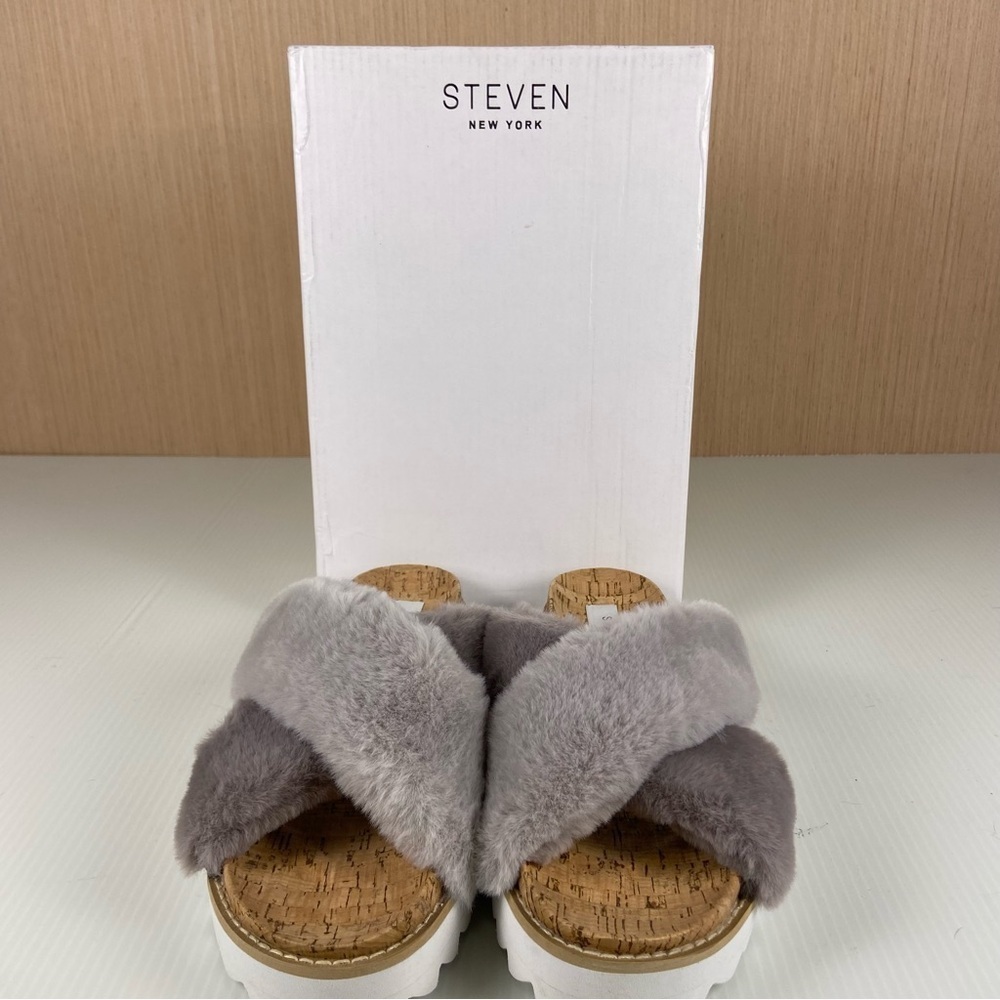 Steven New York Cozie Grey Faux Fur Cork Platform Slides 7.5 NIB